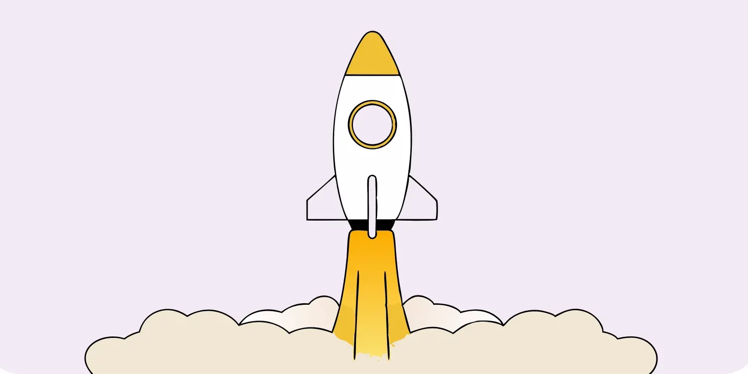 Illustration of a white and yellow rocket launching upward, with smoke and flames beneath it against a light purple background—representing the power of AI Optimisation to elevate your business.