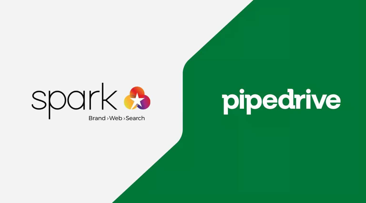 Logos of Spark (with tagline "Brand. Web. Search.") on a white background and Pipedrive on a green background, divided diagonally.