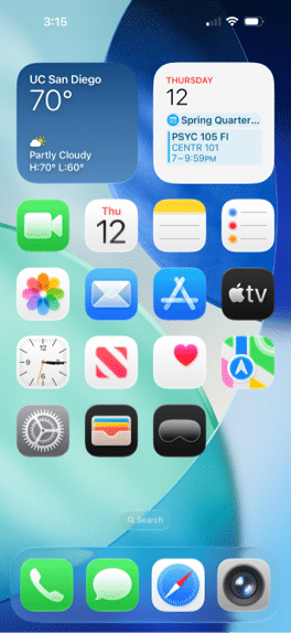 IPhone home screen showcasing Apple’s Liquid Glass digital design, with weather for UC San Diego, date, PSYC 105 event, and app icons like Messages, Mail, Safari, and Settings.