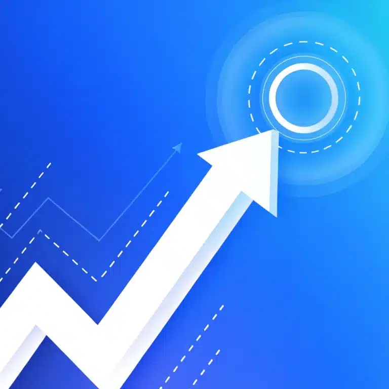 A white upward zigzag arrow points to a circular target on a blue background, symbolizing growth or progress—ideal for representing SME and Enterprise Solutions. Dotted lines and a faint graph are in the background.