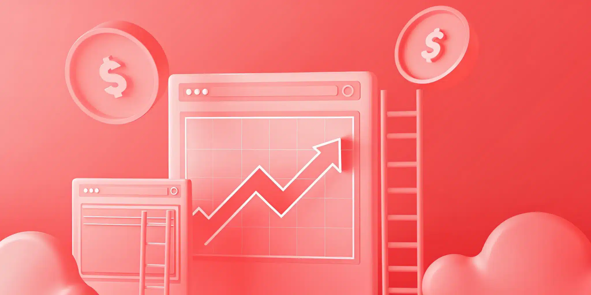 3D illustration of a graph with an upward trending arrow on a computer screen, highlighting Website Redesign success, accompanied by ladders, coins with dollar signs, and cloud shapes—all in monochromatic red tones.