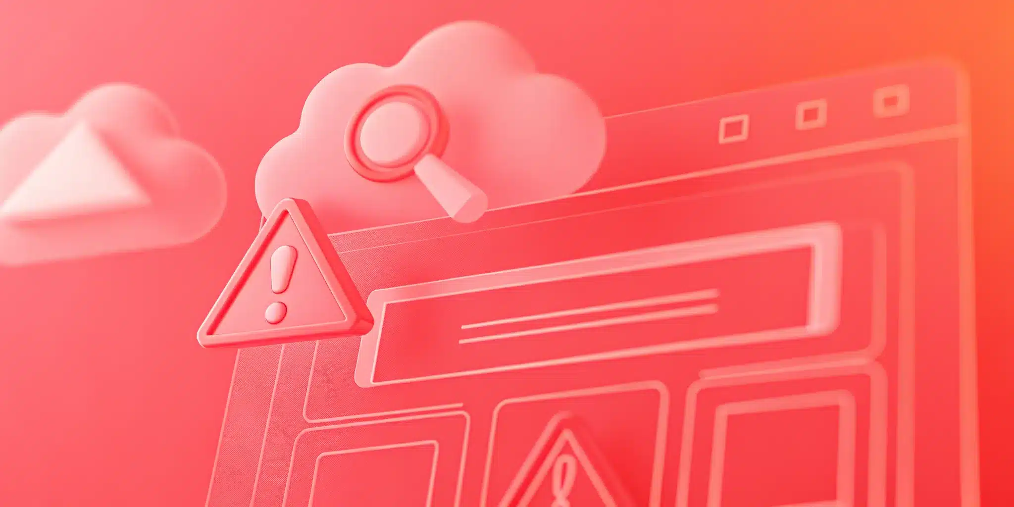 An abstract illustration of a web browser window with warning and search icons, set against a red background, highlights the importance of Website Redesign for improved usability and security.