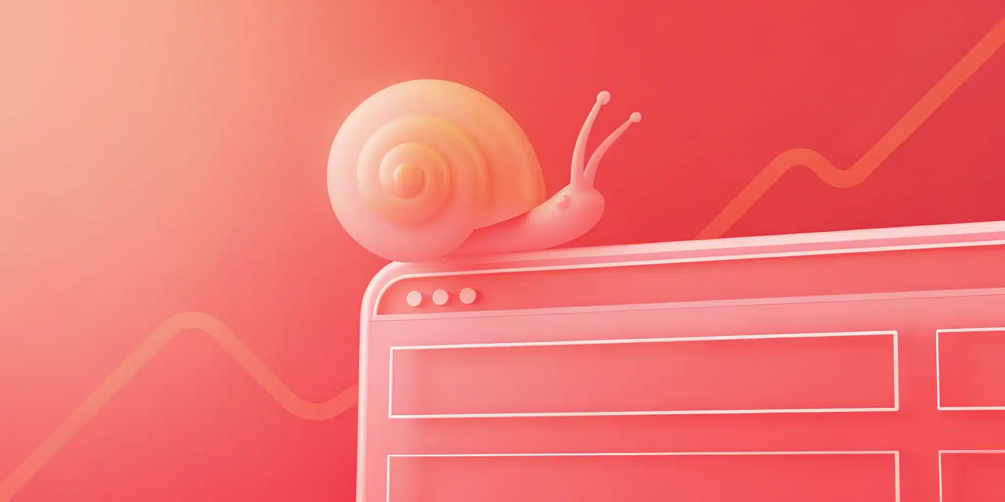 A stylized snail sits on the corner of a computer browser window against a red background with upward graph lines, symbolizing steady progress through expert Website Redesign services.
