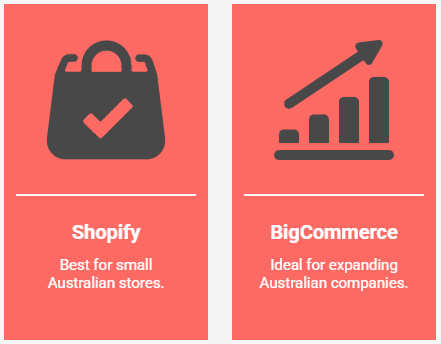 Comparison graphic: Shopify is the E-Commerce Platform recommended for small Australian stores, while BigCommerce is ideal for expanding Australian companies. Icons represent shopping and business growth.