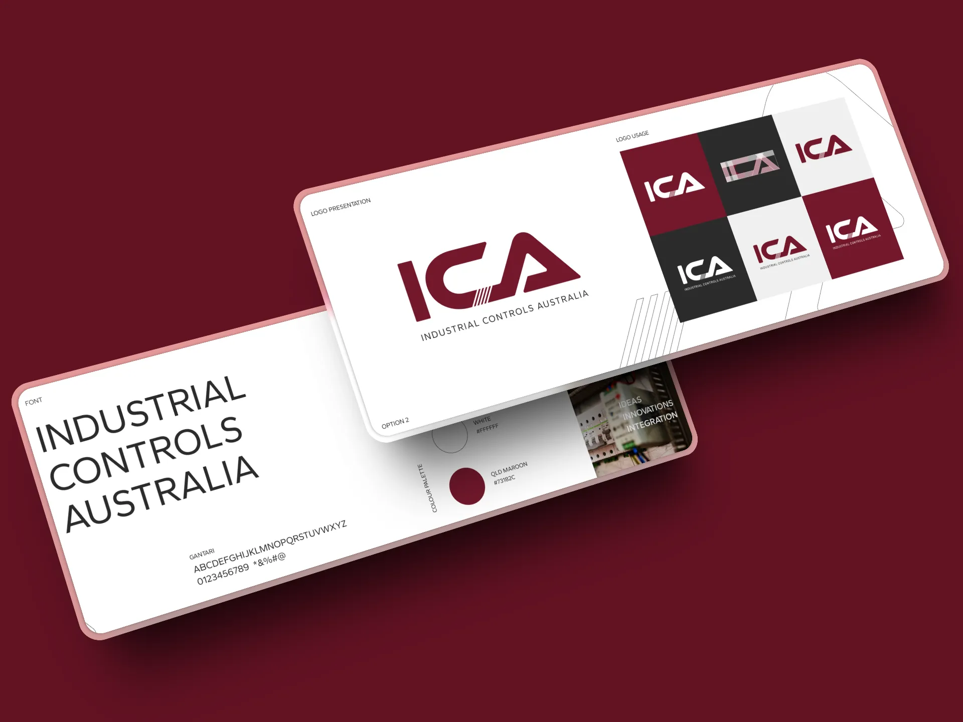 Two rectangular cards display a logo and branding materials for Industrial Controls Australia, featuring the initials "ICA" and a modern, geometric design on a maroon background—perfect for brand elevation in industrial controls.