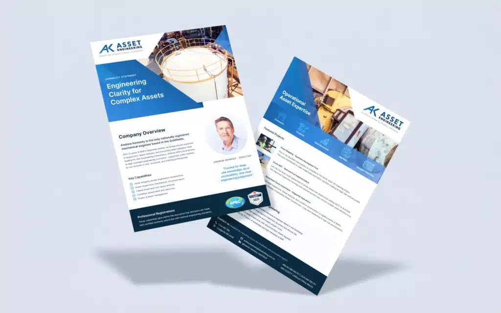 Two corporate flyers for AK Asset Consultancy display company information, services, a headshot of a BHP Veteran Independent Consultant, and images of industrial assets on a light background.