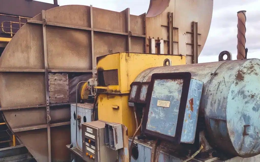 Large industrial fan system with yellow and blue metal housing, visible rust, electrical panels, and weathered exterior components—reflecting the rugged demands of Goldfields operations overseen by a BHP Veteran.