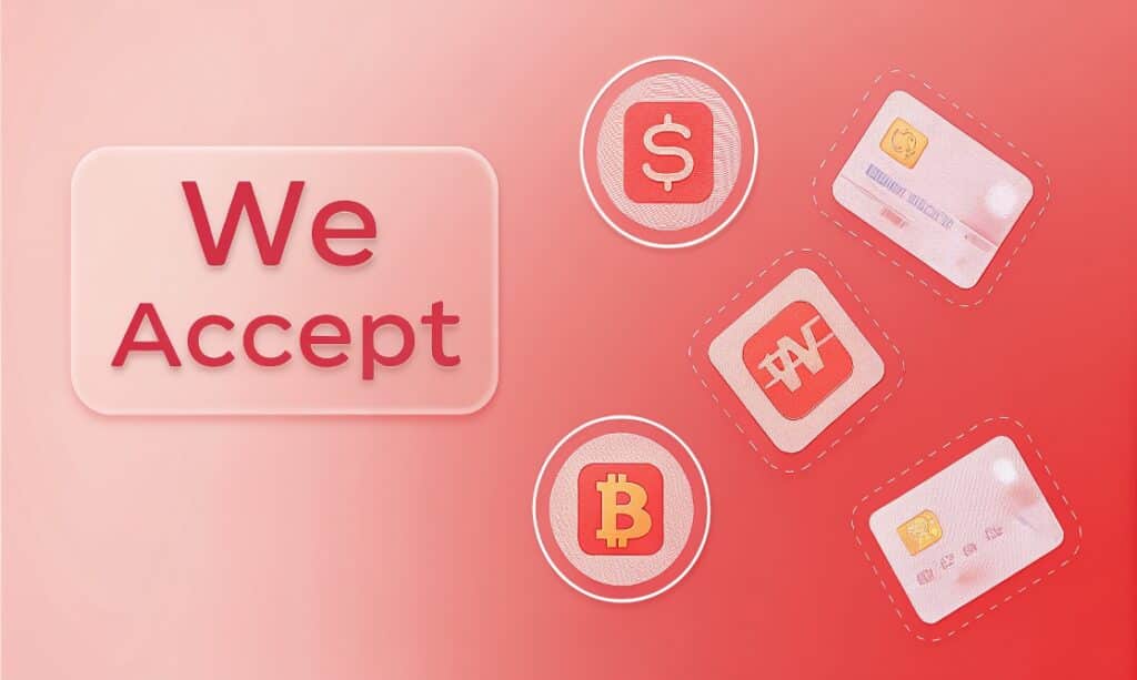 A graphic for ecommerce product pages in Australia, featuring "We Accept" and icons for cash, bitcoin, card payments, and a mobile payment app on a pink gradient background—perfect for high-converting checkout experiences.