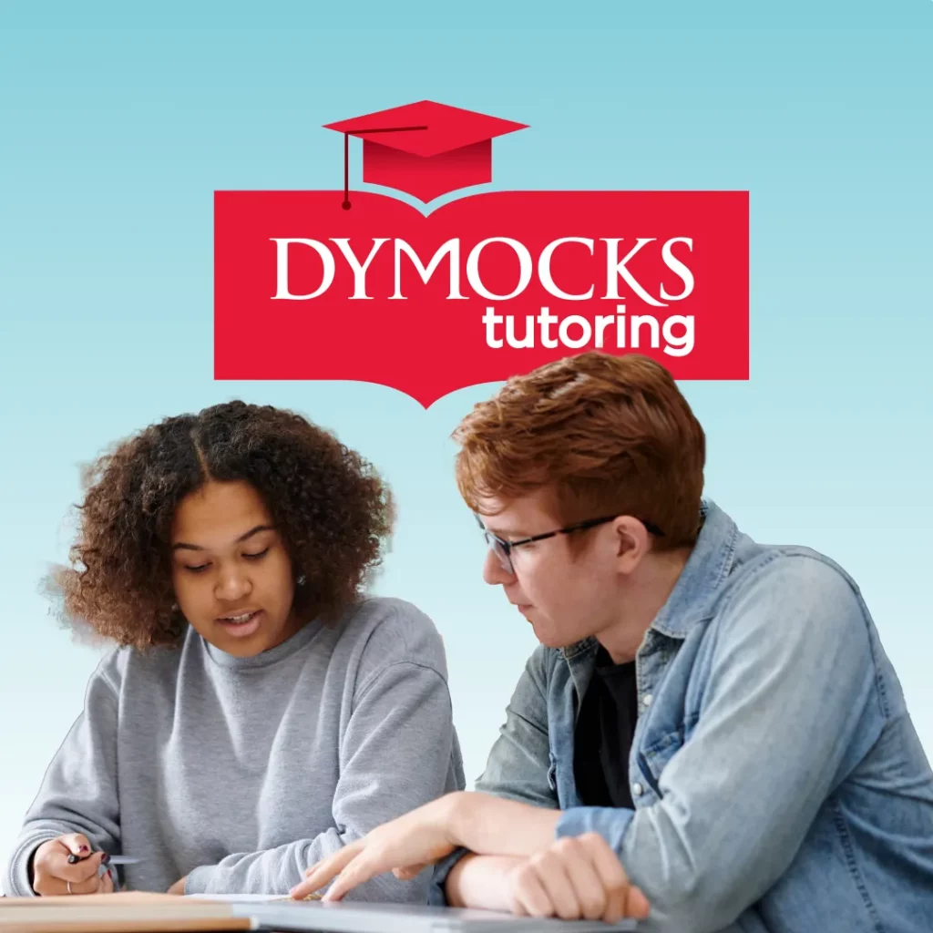 Two students sit together studying at a table, with the "Dymocks tutoring" logo displayed above them against a blue background, highlighting Dymocks Education’s strong digital presence.