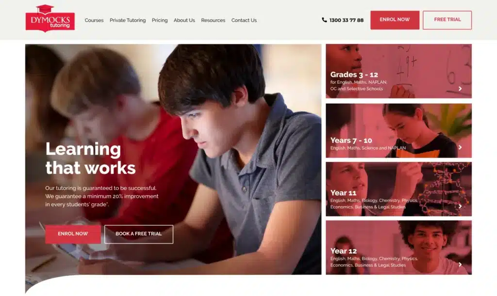 A student works on a tablet in a classroom. Overlay text highlights Dymocks Tutoring and Dymocks Education, offering information about grades, subjects, free trial options, and boosting your digital presence with Spark Interact.
