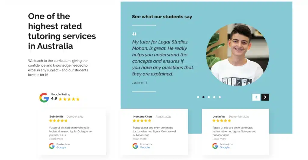 A webpage promoting a highly rated Australian tutoring service, featuring student reviews, a testimonial with a student photo, impressive Google ratings, and a strong digital presence powered by Spark Interact.