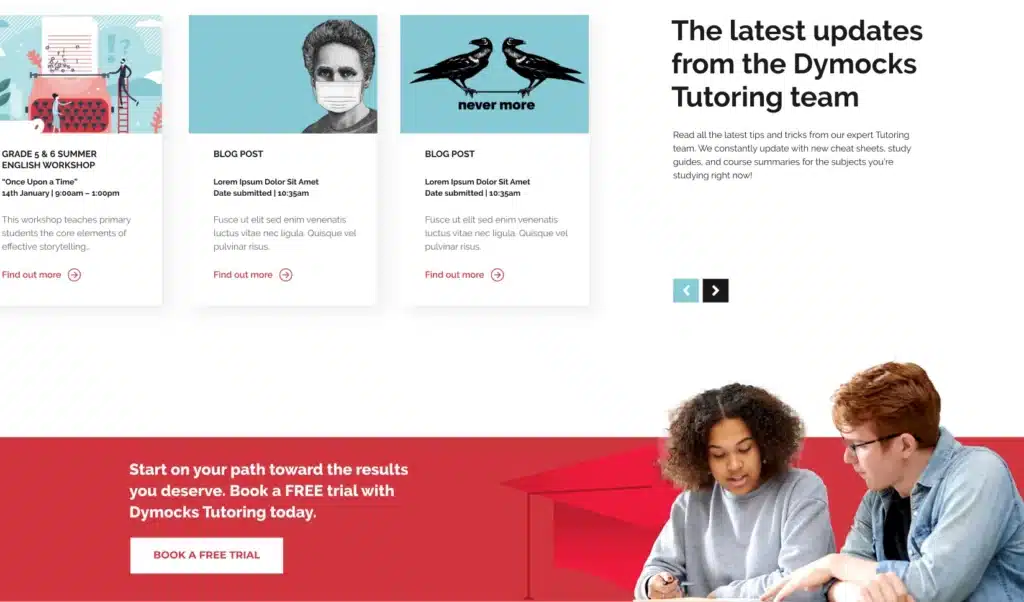 Screenshot of a tutoring website by Dymocks Education, featuring blog posts, a headline about updates from the Dymocks Tutoring team, and an image of two students working together—showcasing a strong digital presence.