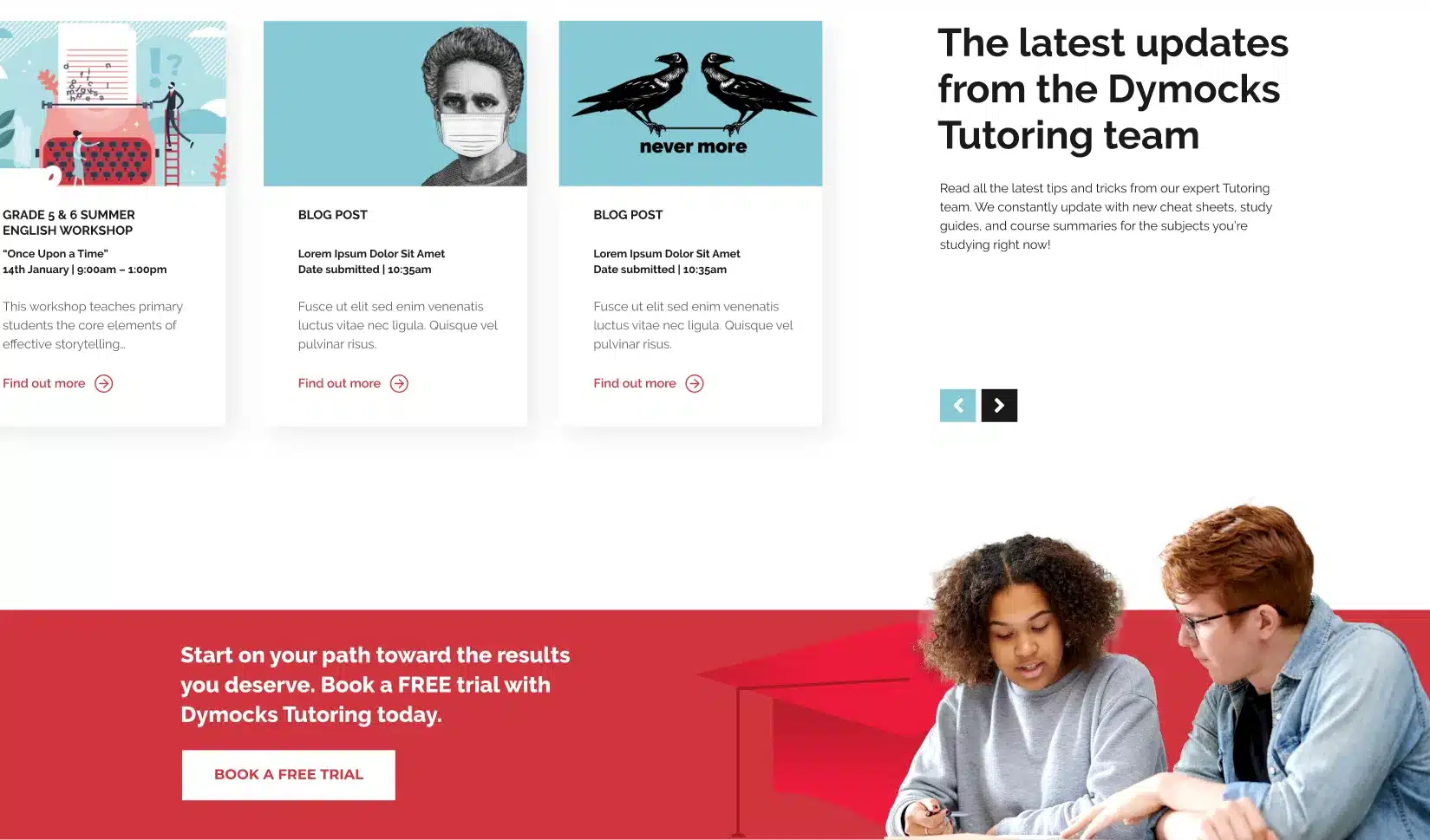Screenshot of a tutoring website by Dymocks Education, featuring blog posts, a headline about updates from the Dymocks Tutoring team, and an image of two students working together—showcasing a strong digital presence.