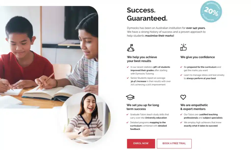 A boy and girl study at a table with books and paper, while a woman in a headset from Dymocks Education smiles and gestures during an online tutoring session. Text highlights tutoring benefits and the value of building a strong digital presence.
