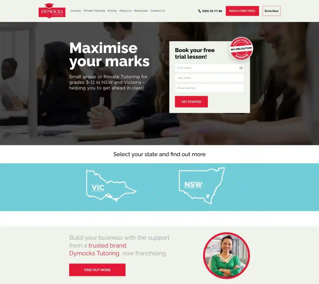 A website homepage for Dymocks Tutoring, featuring information about private tutoring, a free trial offer, and options to choose between VIC and NSW locations to boost your digital presence.