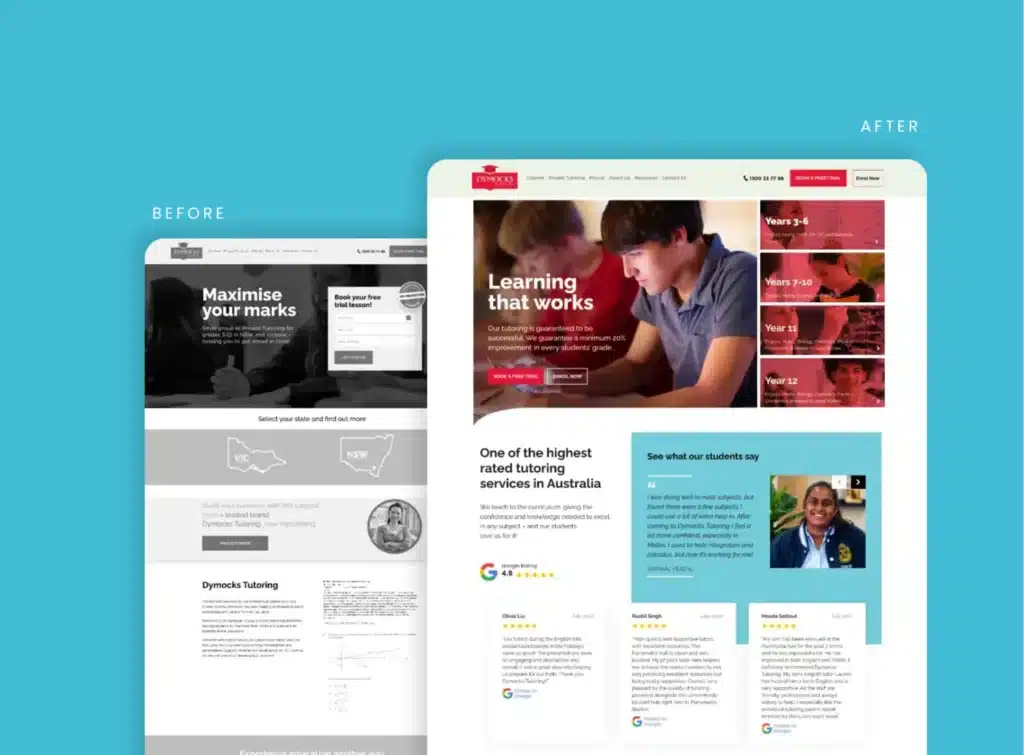 Side-by-side comparison of a tutoring website's old grayscale design and new, colorful layout reveals how Spark Interact elevated Dymocks Education’s digital presence with enhanced visuals and improved organization.