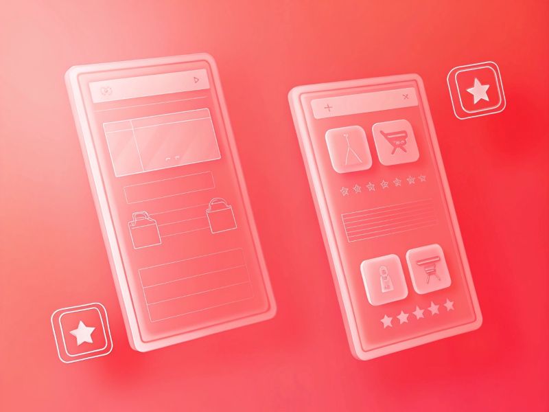Two translucent smartphone screens display high-converting ecommerce product pages with icons, text boxes, shopping bags, and star ratings on a pink gradient background. Perfect for Australia’s online shopping scene.