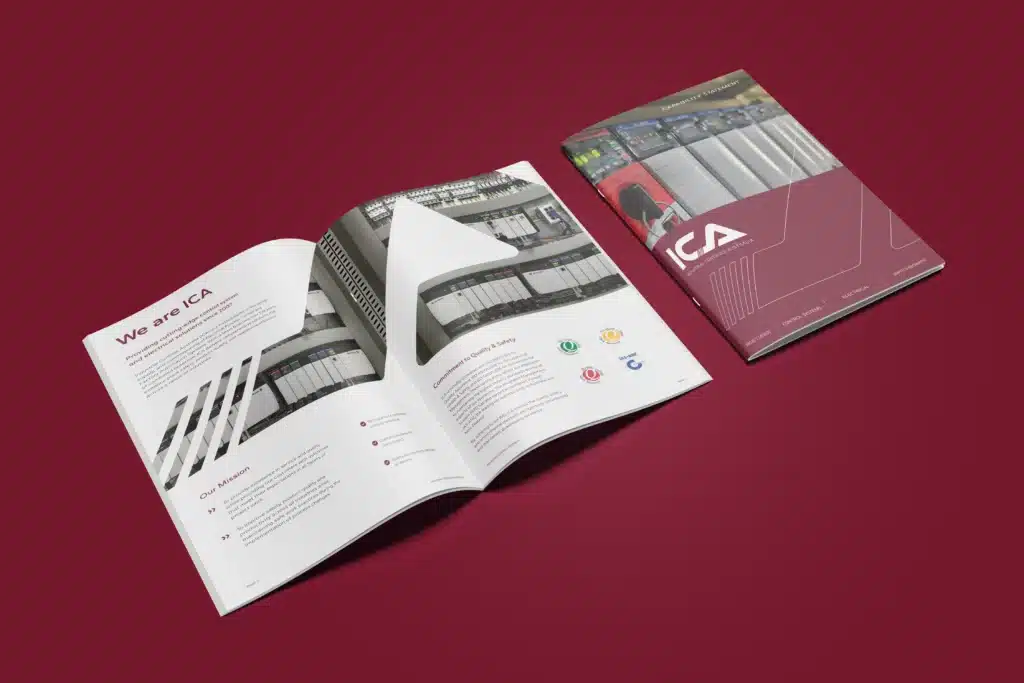 Two ICA company brochures are shown on a maroon background, one open displaying content about automation systems and Industrial Controls Australia brand elevation, and one closed showing the front cover design.
