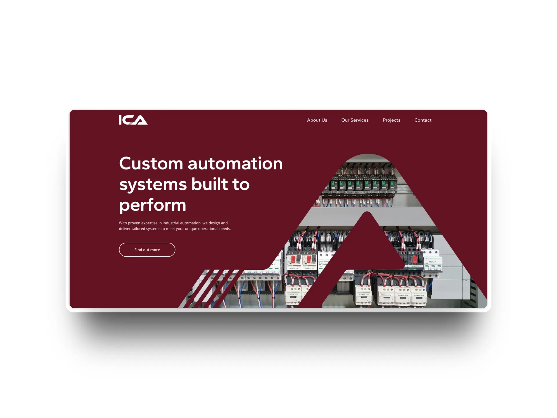 Website homepage for Industrial Controls Australia featuring the headline "Custom automation systems built to perform," a photo of an industrial control panel, and a maroon graphic overlay that highlights brand elevation.