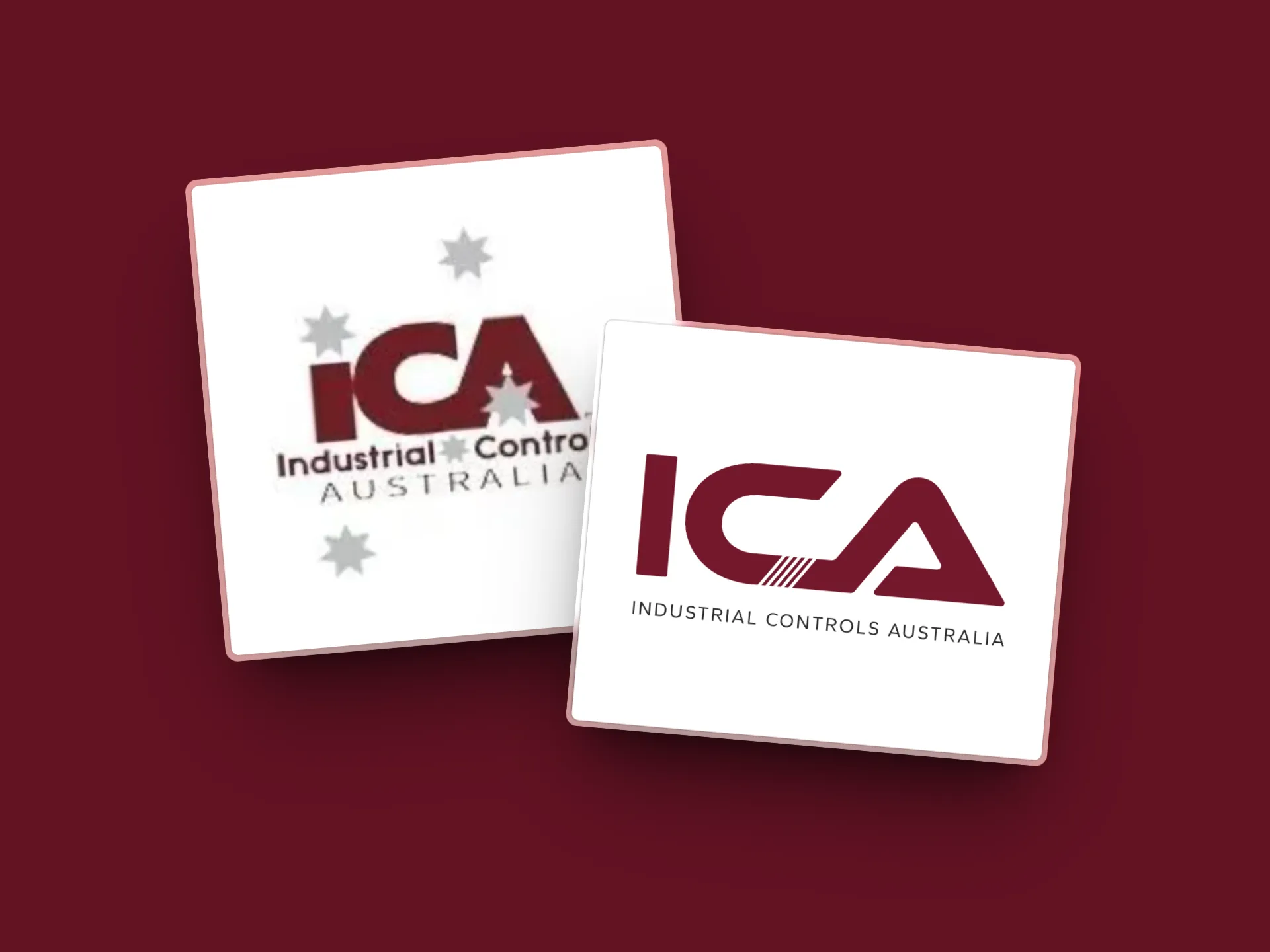 Two square tiles showcase Industrial Controls Australia: one displays a blurry design with stars, while the other presents a clear, modern logo on maroon, reflecting brand elevation and bold professional identity.