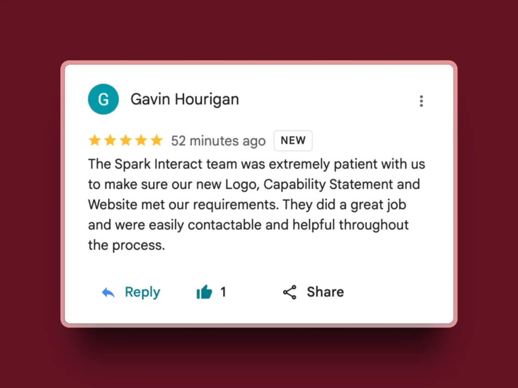 A customer review from Gavin Hourigan rates Spark Interact 5 stars, praising their patience and helpfulness with a logo, capability statement, and website project for Industrial Controls Australia, highlighting impressive brand elevation.