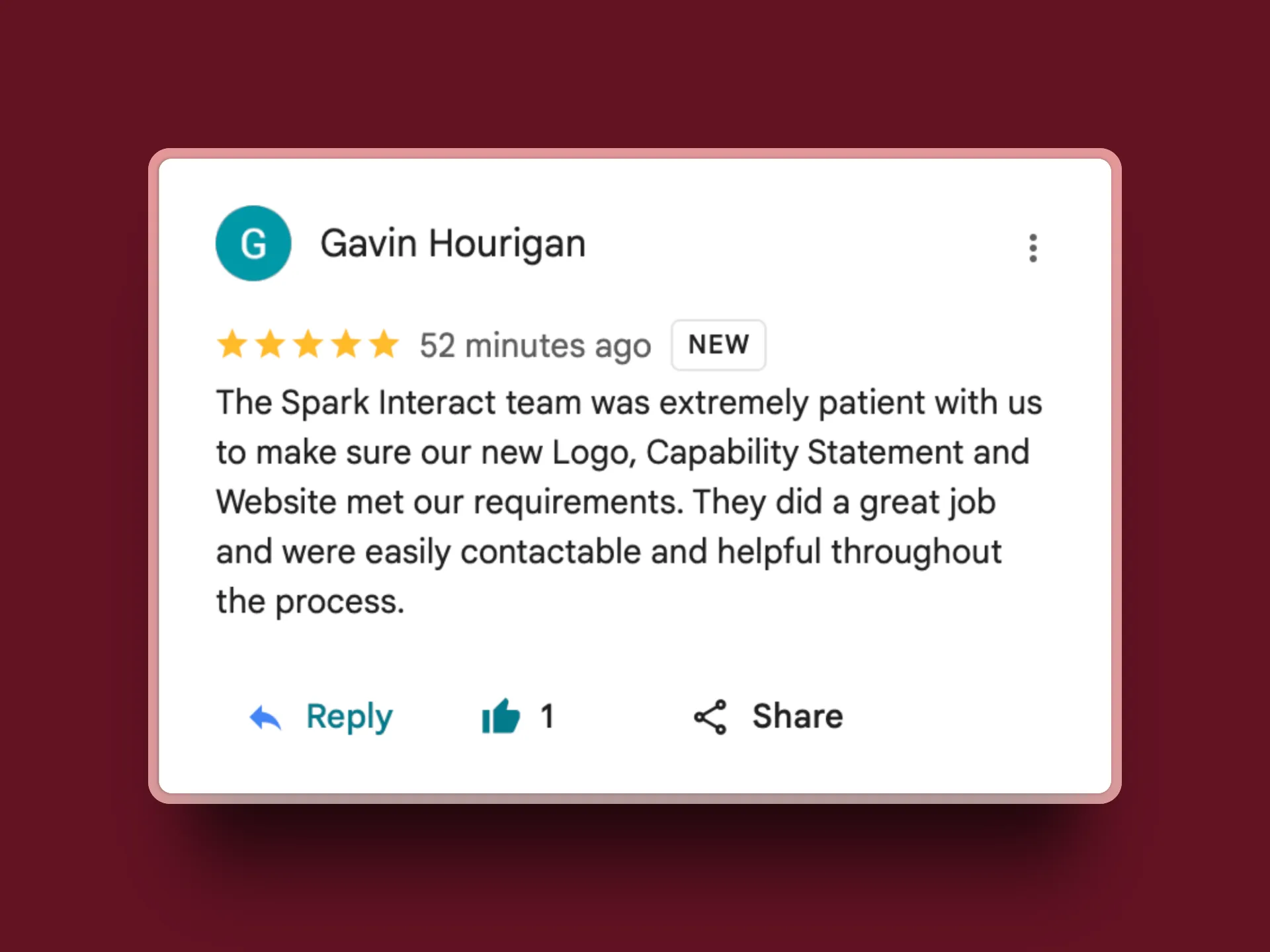 A customer review from Gavin Hourigan rates Spark Interact 5 stars, praising their patience and helpfulness with a logo, capability statement, and website project for Industrial Controls Australia, highlighting impressive brand elevation.