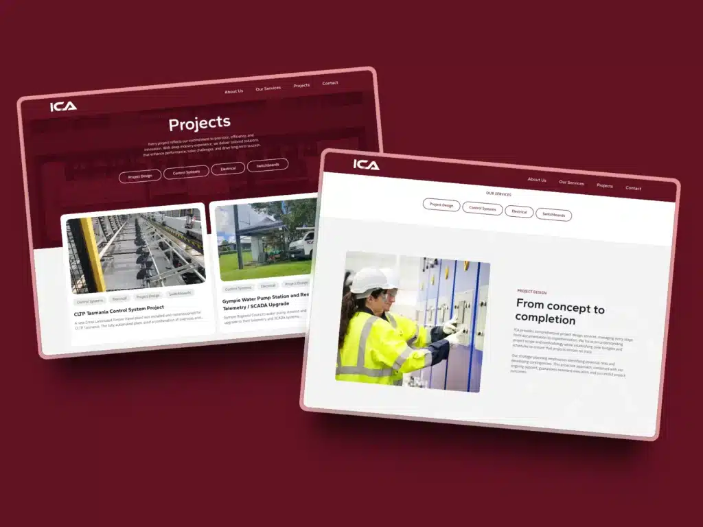 Two digital screens display project pages from the Industrial Controls Australia website, showcasing images, project descriptions, and navigation menus on a maroon background for effective brand elevation.