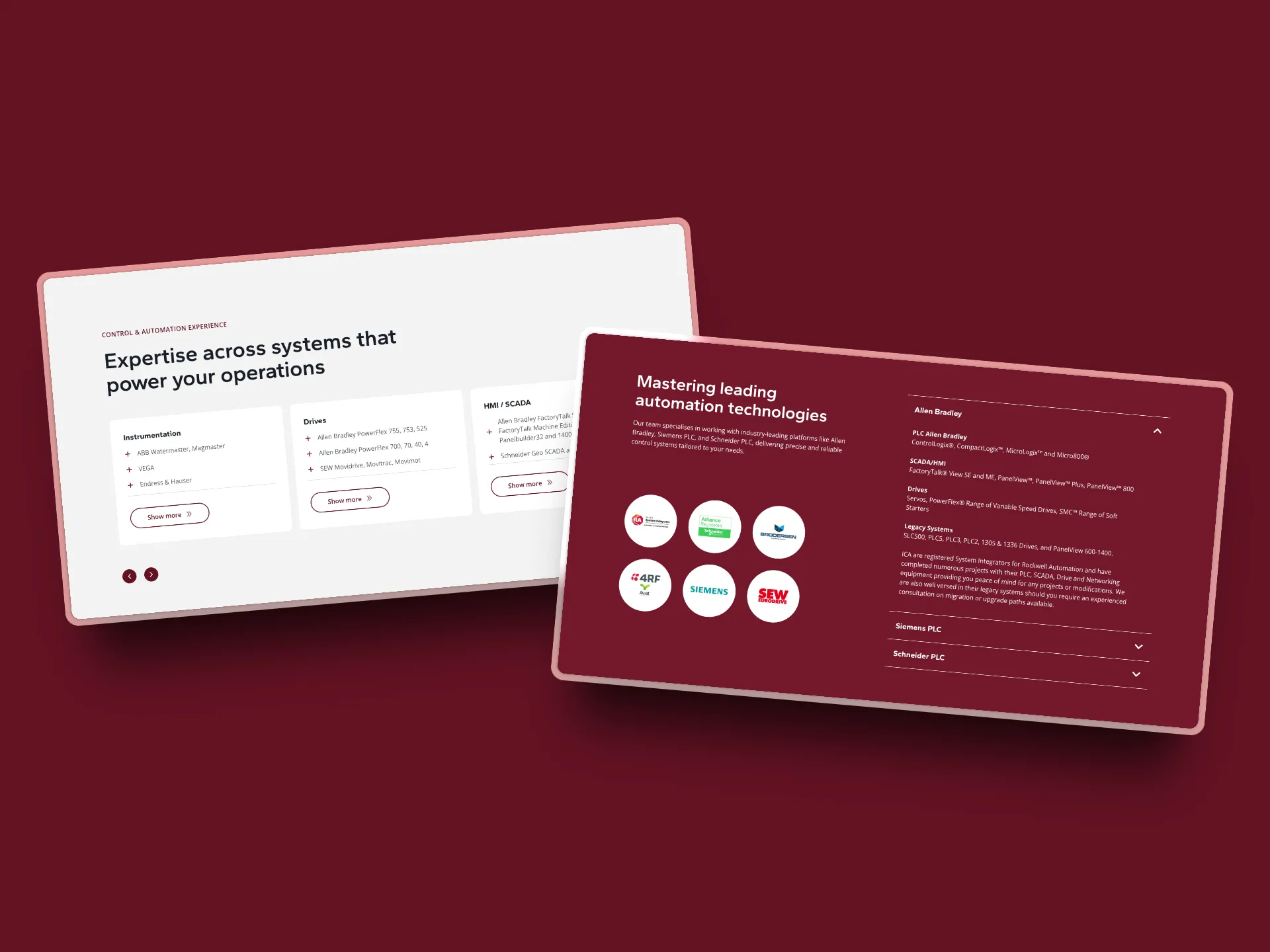 Two digital screens on a maroon background display information about technology expertise and automation technologies, highlighting Industrial Controls Australia’s commitment to brand elevation through text, icons, and lists.