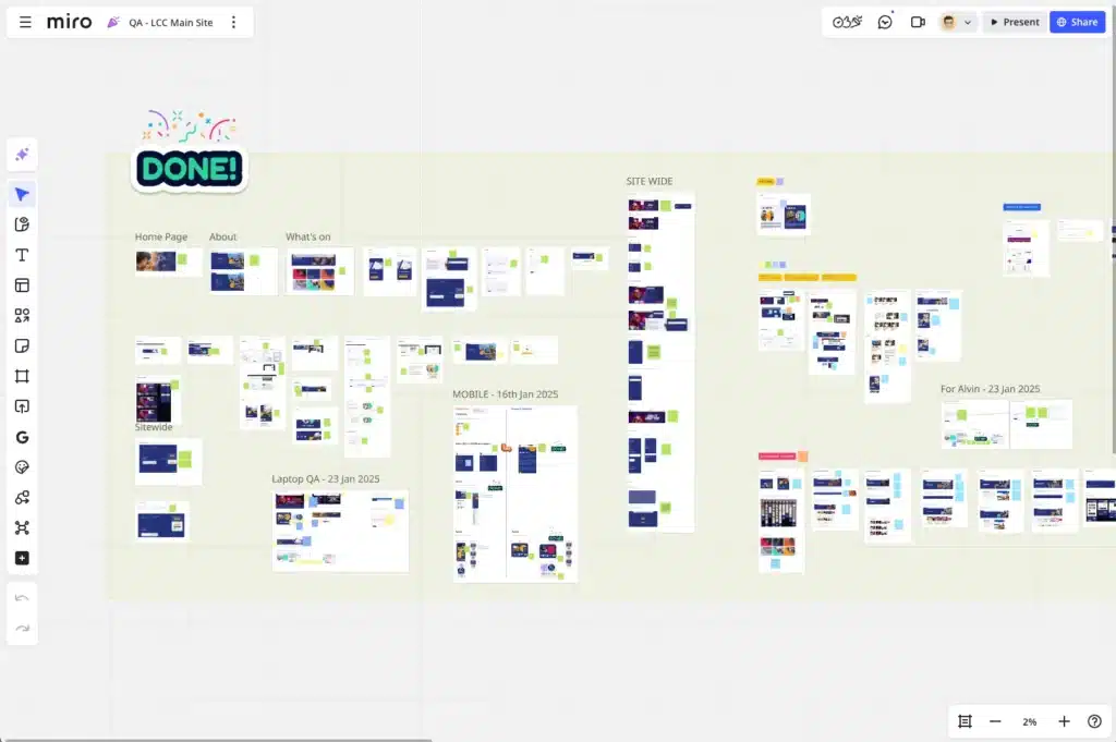 Screenshot of a Miro board displaying a website design workflow with multiple labeled sections, wireframes, and a "DONE!" sticker in the top left corner, highlighting steps from initial sketches to QA Testing.