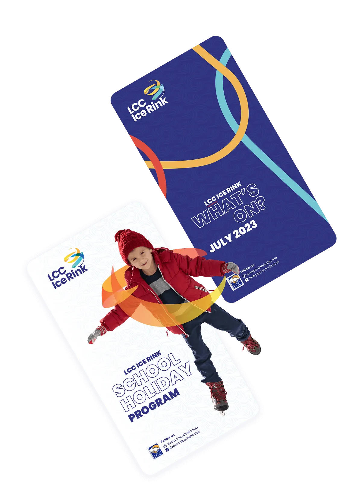 Two promotional flyers for LCC Ice Rink: one for a July 2023 events program, and one for a school holiday program featuring a child ice skating—perfect content to update your Home Page in 2025.