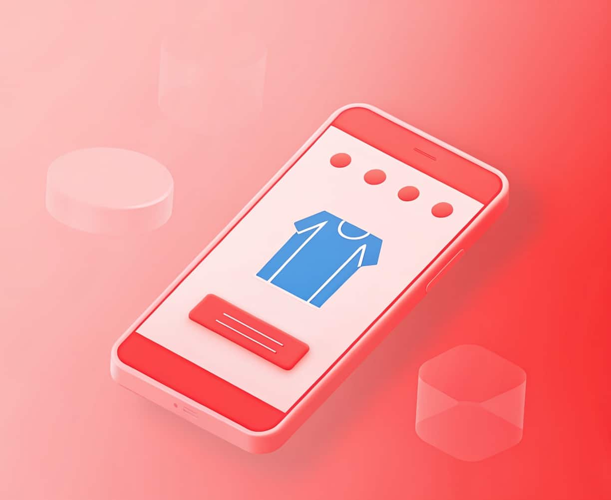 A smartphone displays a high-converting ecommerce product page featuring a blue shirt icon, buttons, and a red background with geometric shapes—ideal inspiration for online shopping in Australia.