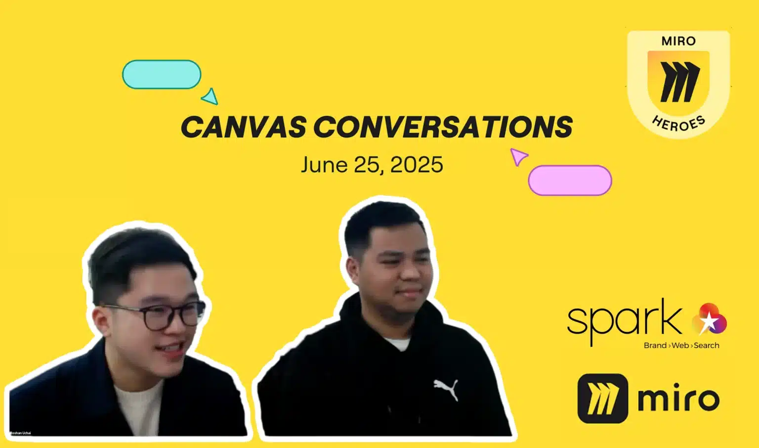 Two people are pictured in front of a yellow background with text that reads “Canvas Conversations, June 25, 2025,” alongside Miro Heroes, Spark Web Search logos, and a nod to QA Testing with the Visual QA Extension.