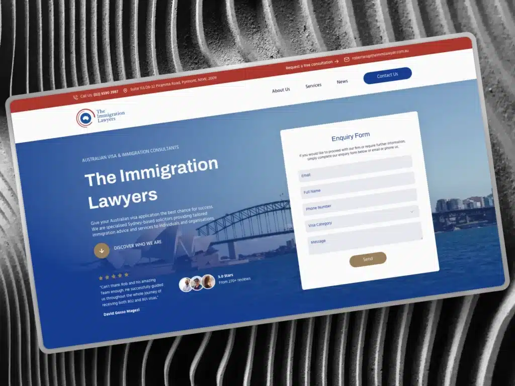 Screenshot of a law firm website for The Immigration Lawyers, featuring professional web design with a navigation bar, headline, Sydney Harbour Bridge image, and an enquiry form for service on the right.