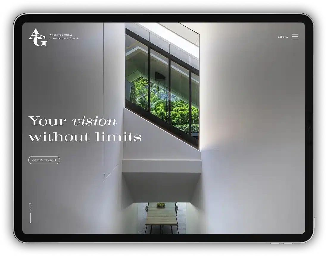 Modern architectural interior with a skylight window and greenery outside, featuring minimalist design. “Your vision without limits” appears on the left side—an inspiring 2025 Home Page setting for limitless creativity.