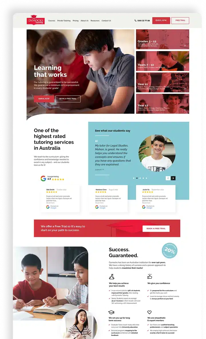 Screenshot of the 2025 Home Page of a tutoring service website featuring children studying, student testimonials, free trial offers, and sections highlighting ratings and guarantees.