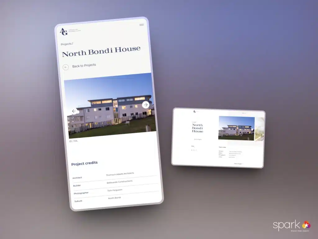 Two digital devices display a project page for "North Bondi House," featuring impactful website design with a building photo, project title, and credits for architect, builder, photographer, and suburb.