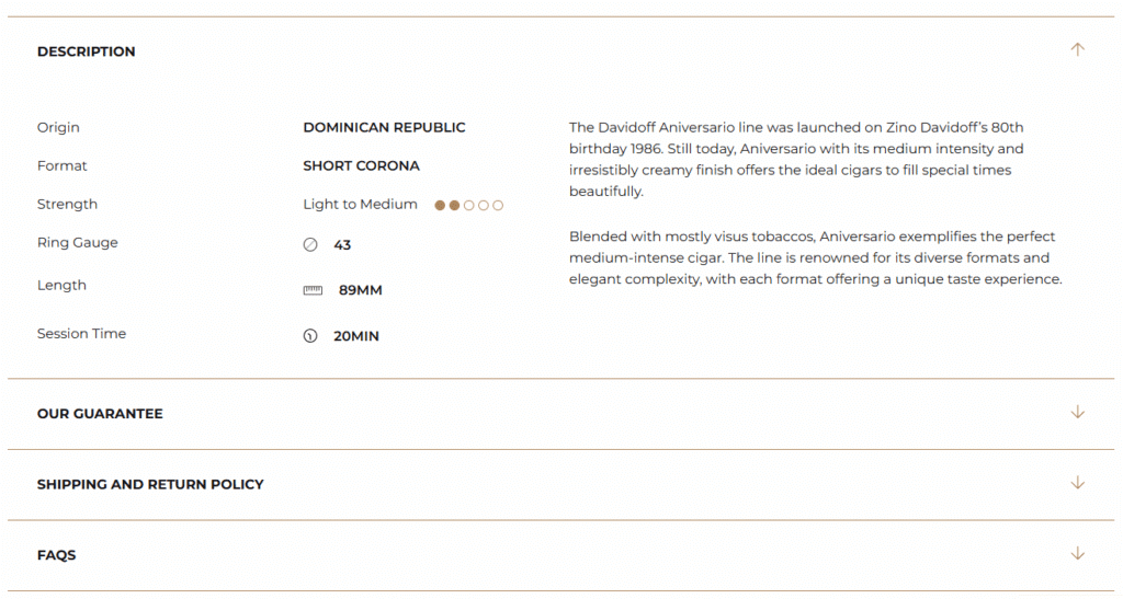 Perfect for Australia’s discerning cigar lovers, this high-converting ecommerce product page details the Davidoff Aniversario Short Corona cigar—its Swiss origin, mellow strength, ideal size, and 30-minute session—plus guarantee and fast shipping policy.
