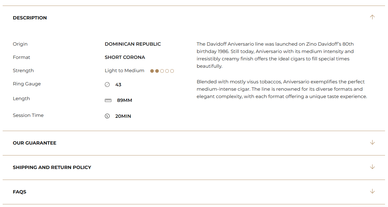 Perfect for Australia’s discerning cigar lovers, this high-converting ecommerce product page details the Davidoff Aniversario Short Corona cigar—its Swiss origin, mellow strength, ideal size, and 30-minute session—plus guarantee and fast shipping policy.