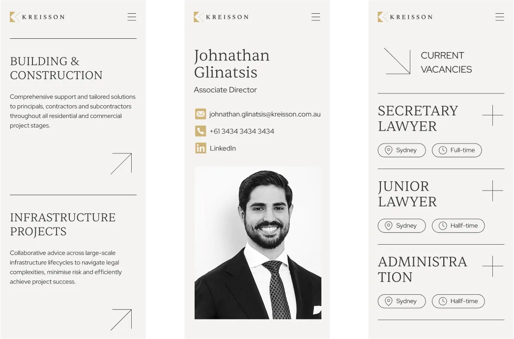 Three mobile screens display a law firm's website: an about section, a profile of Associate Director Johnathan Glinatsis, and a list of current job vacancies with locations and types.