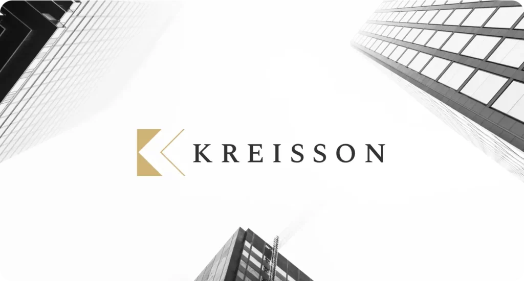 Black and white photo of tall office buildings viewed from below with the word "KREISSON" and a gold geometric logo centered in the foreground.