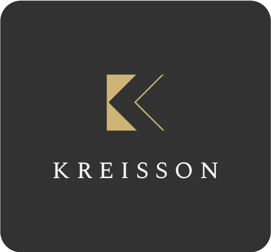 A gold geometric "K" symbol above the word "KREISSON" in white capital letters on a dark gray background.