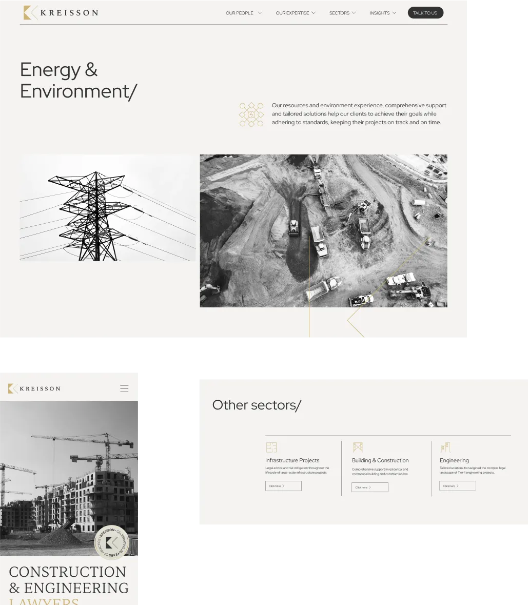 Webpage sections featuring “Energy & Environment” with images of power lines and construction, and links to other sectors like Infrastructure Projects, Building & Construction, and Engineering.