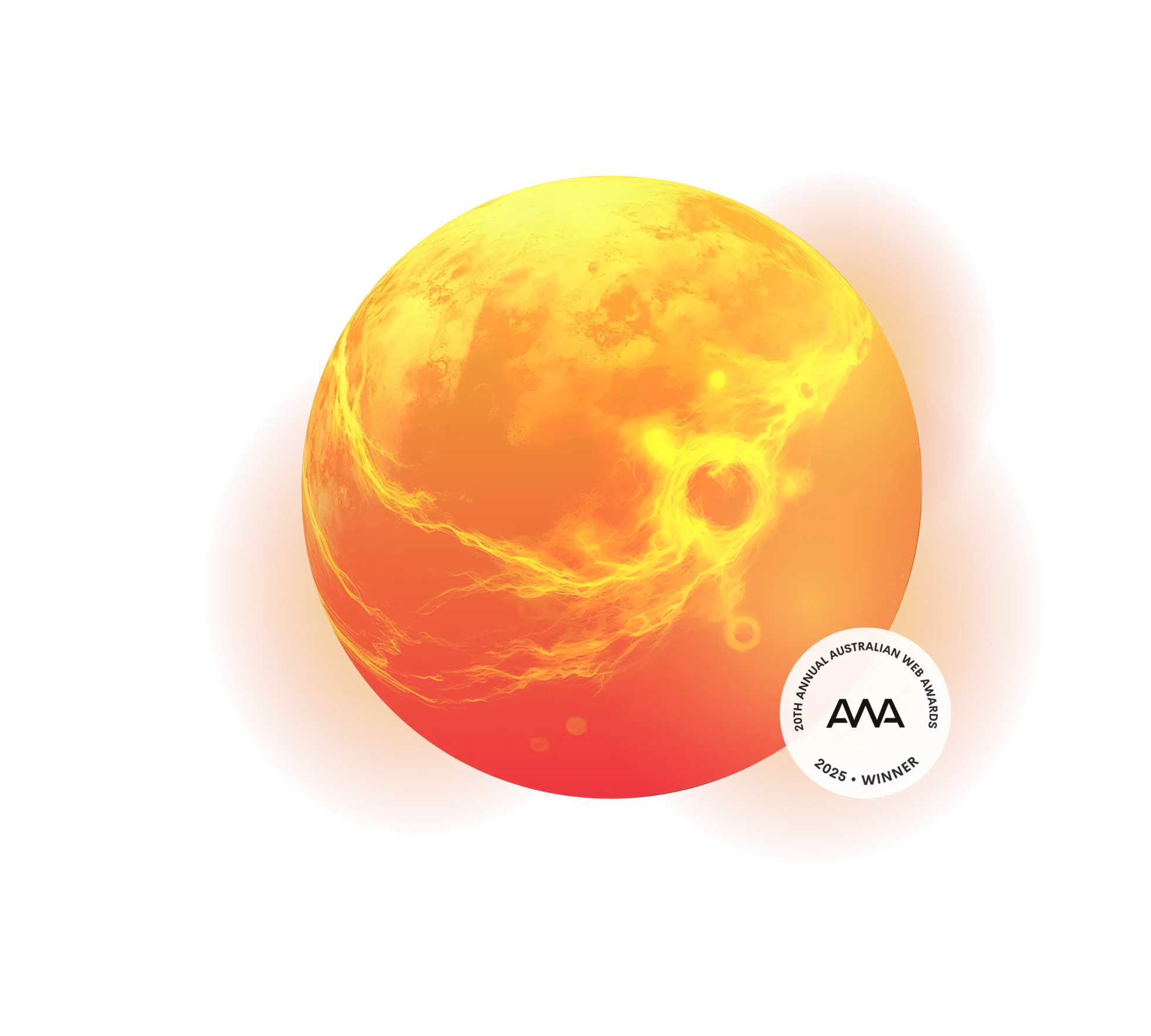 A glowing, fiery planet-like sphere with swirling yellow patterns takes center stage on the 2025 Home Page; an award seal labeled "2023 Winner, AMA, Australian Multicultural Marketing Awards" appears in the lower right corner.