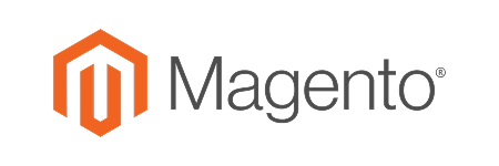 Magento logo featuring an orange geometric symbol and the word "Magento" in black text on a transparent background.