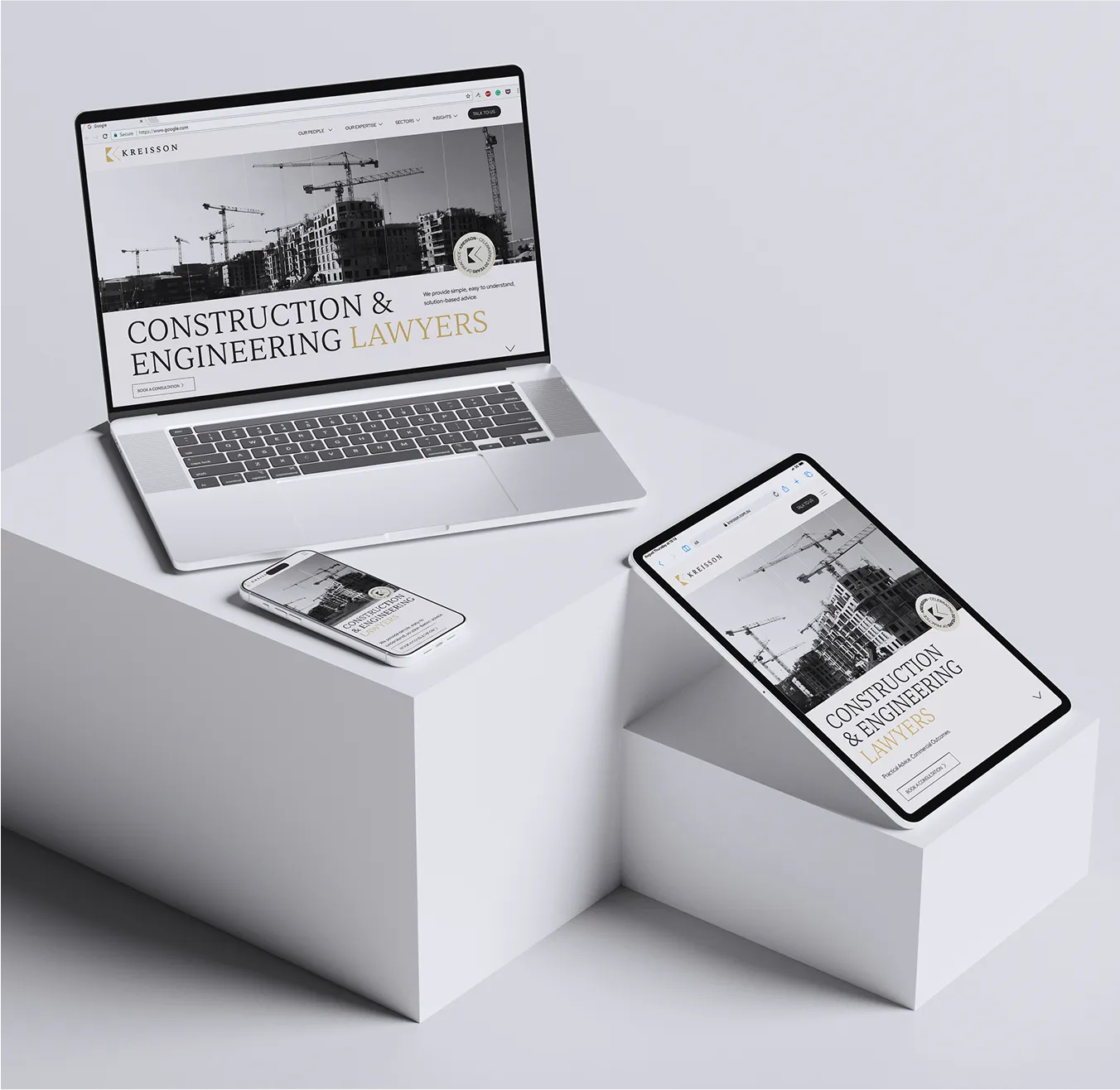 A laptop, tablet, and smartphone showcase the same website for construction and engineering lawyers—highlighting modern Web Services—arranged on white geometric platforms, reflecting the innovation of 2025.