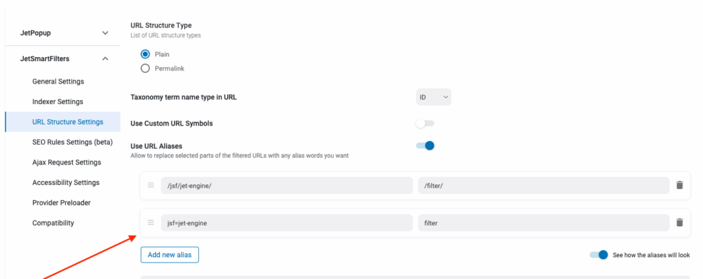 Screenshot of the JetSmartFilters URL Structure Settings, useful for WordPress Posts Migration, showing options for taxonomy term name, URL aliases, rule settings, and input fields for setting URL aliases.