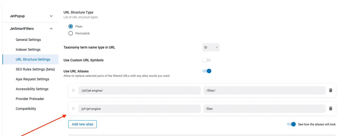 Screenshot of the JetSmartFilters URL Structure Settings, useful for WordPress Posts Migration, showing options for taxonomy term name, URL aliases, rule settings, and input fields for setting URL aliases.
