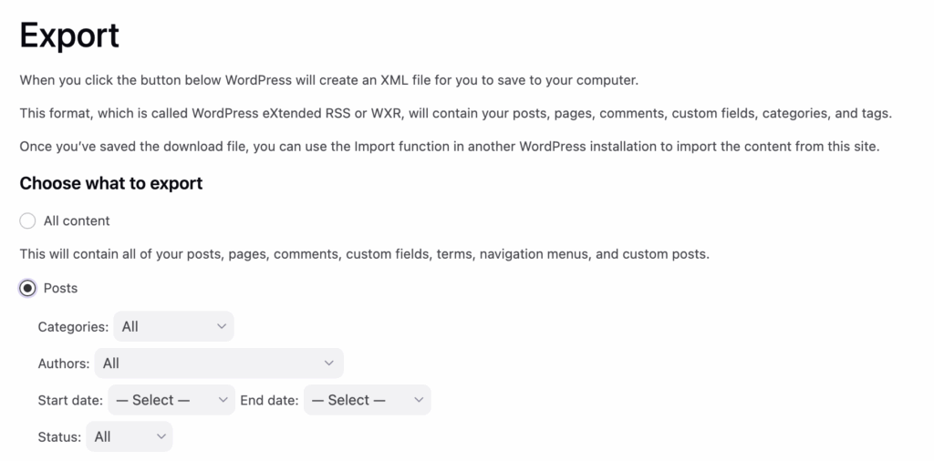 Screenshot of the WordPress export page, highlighting options for selecting content type, categories, authors, and date range—ideal for WordPress Posts Migration or streamlining Data Migration tasks with XML export.
