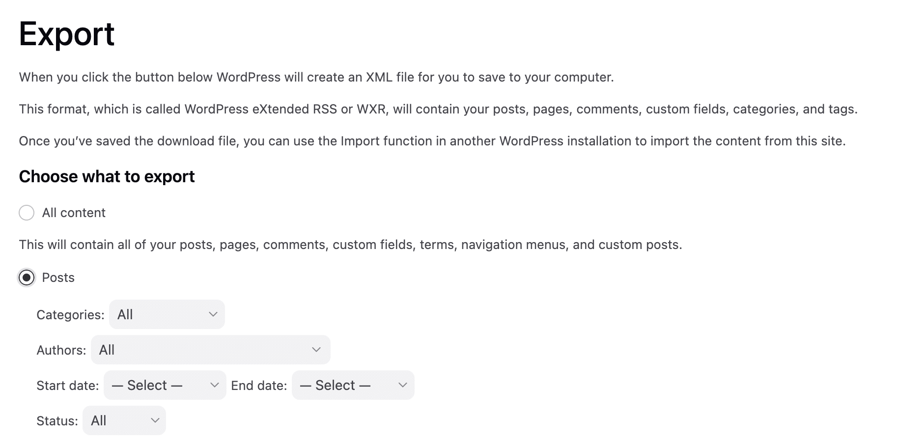 Screenshot of the WordPress export page, highlighting options for selecting content type, categories, authors, and date range—ideal for WordPress Posts Migration or streamlining Data Migration tasks with XML export.