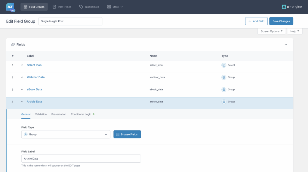 Screenshot of the "Edit Field Group" page in ACF, used for WordPress data migration, showing four fields: Select Icon, Webinar Data, eBook Data, and Article Data, with Article Data selected for editing.